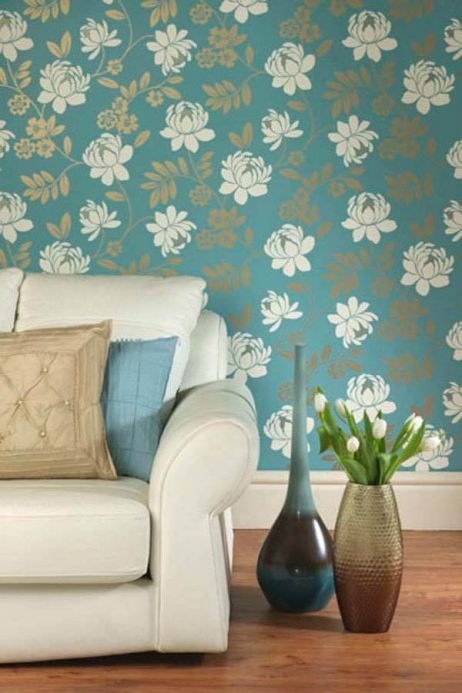 Archiv Wallpaper Penelope turquoise blue Room View
