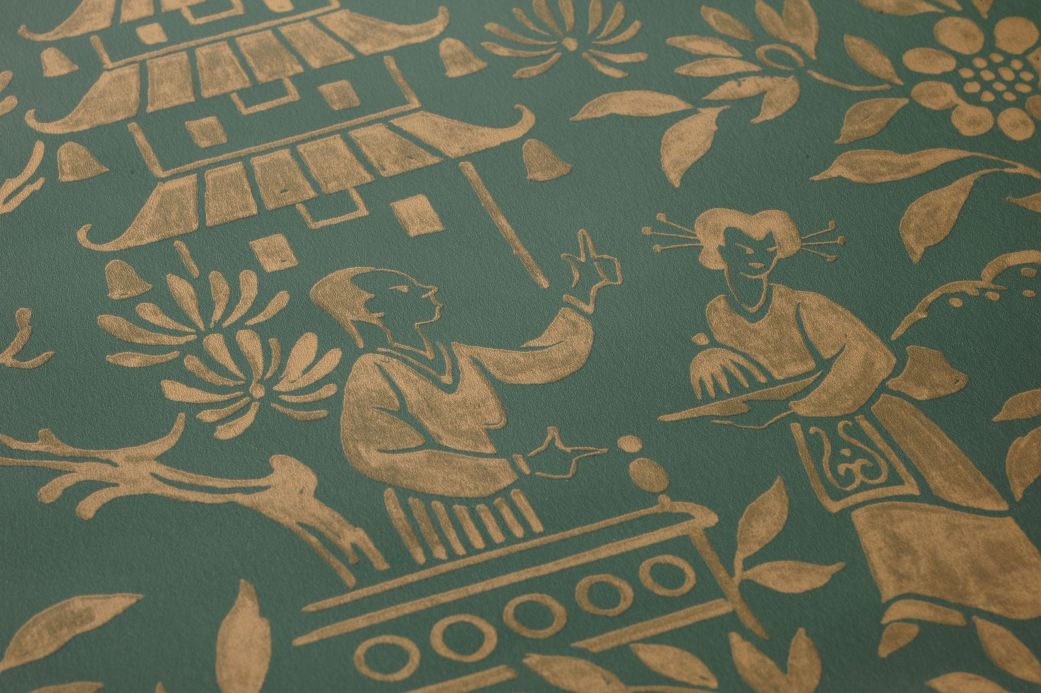 Orientalische Tapeten Tapete Zen Garden Patinagrün Detailansicht