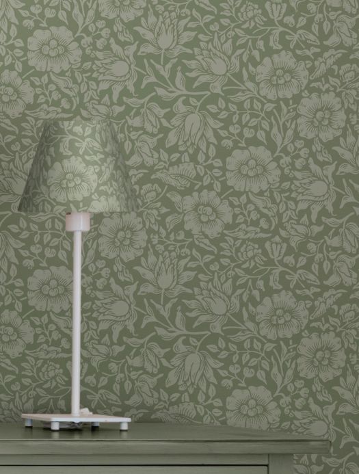 Papel pintado William Morris Papel pintado Rigani verde grisáceo Ver habitación