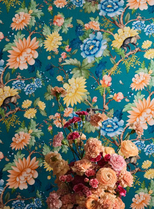 Papel pintado floral Papel pintado Savana tonos de azul Ver habitación