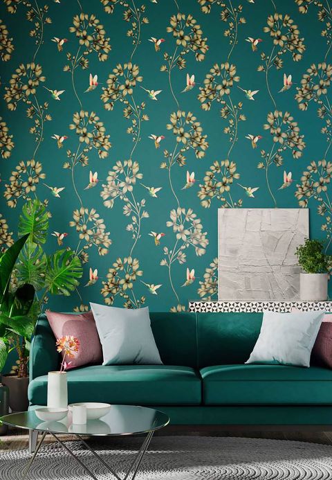 Floral Wallpaper Wallpaper Gesine water blue Room View