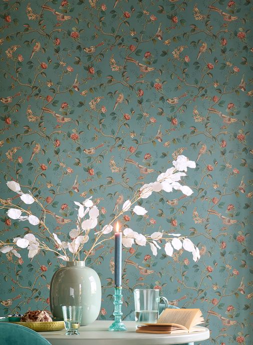 Papel pintado con pájaros Papel pintado Floribunda turquesa Ver habitación
