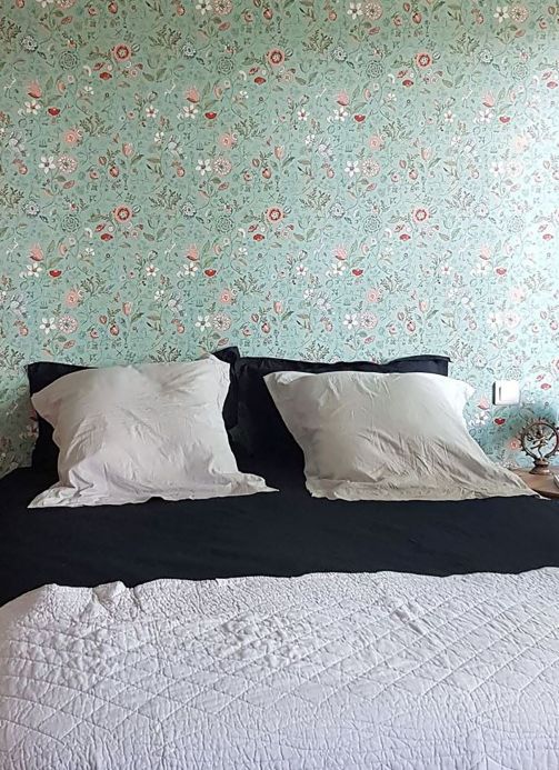 Papel pintado dormitorio Papel pintado Carline turquesa menta claro Ver habitación