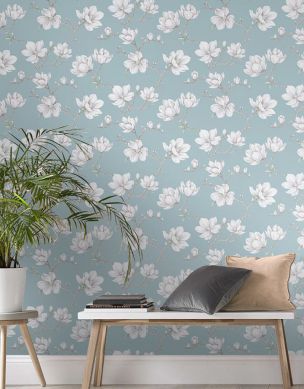 Wallpaper Magnolia mint grey Room View