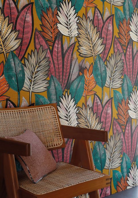 Leaf and Foliage Wallpaper Wallpaper Isadora ochre yellow Room View