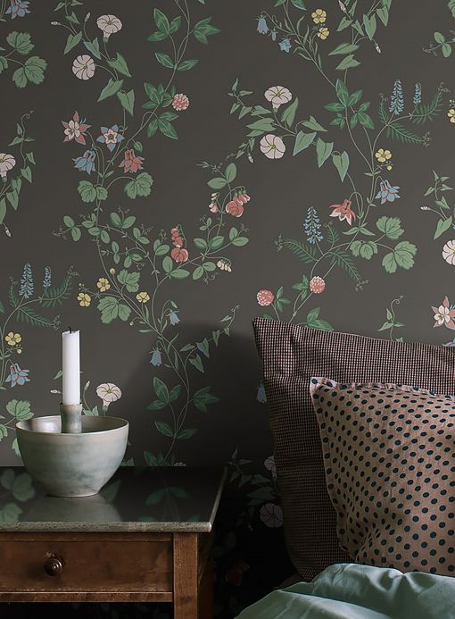 Papel de parede floral Papel de parede Bellegarde cinza basalto Ver ambiente