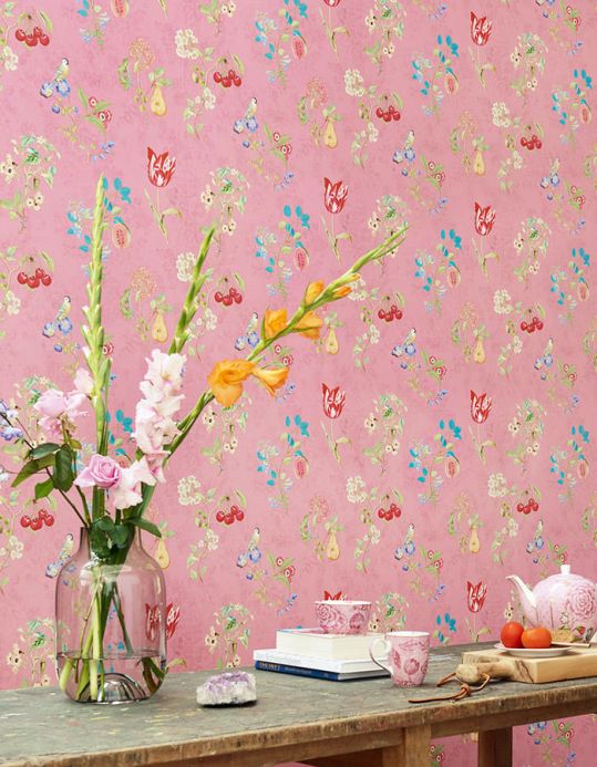 Papel pintado floral Papel pintado Mallorie rosa Ver habitación