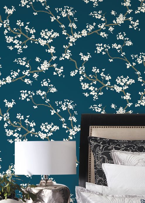 Papel de parede floral Papel de parede Sakura azul esverdeado Ver ambiente