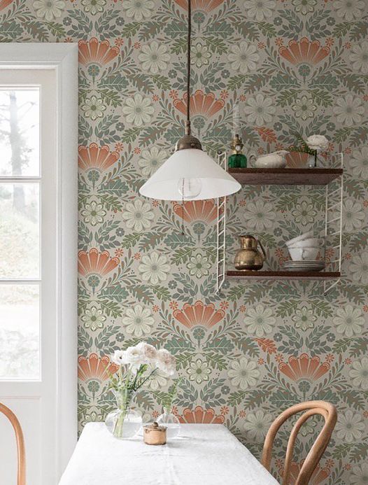 Floral Wallpaper Wallpaper Johanna orange brown Room View