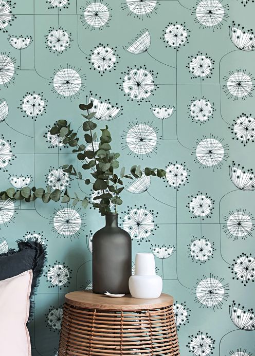 Papel de parede vintage Papel de parede Dandelion Mobile turquesa pastel Ver ambiente