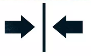 Symbol für Tapeten mit geradem Ansatz: Zwei Pfeile zeigen auf eine vertikale Linie von gegenüberliegenden Seiten