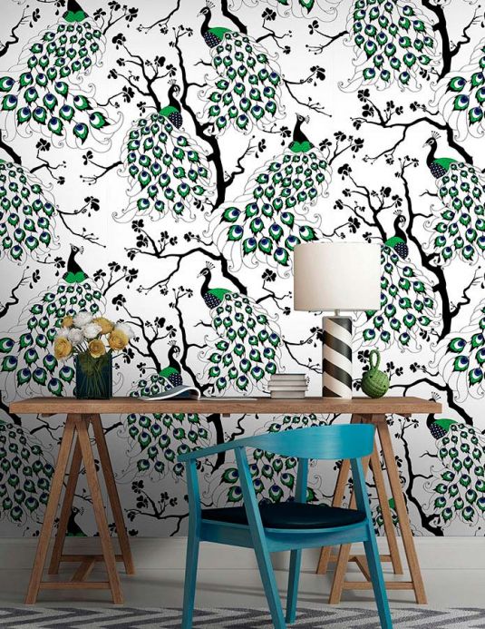 White Wallpaper Wallpaper Peacock green Room View