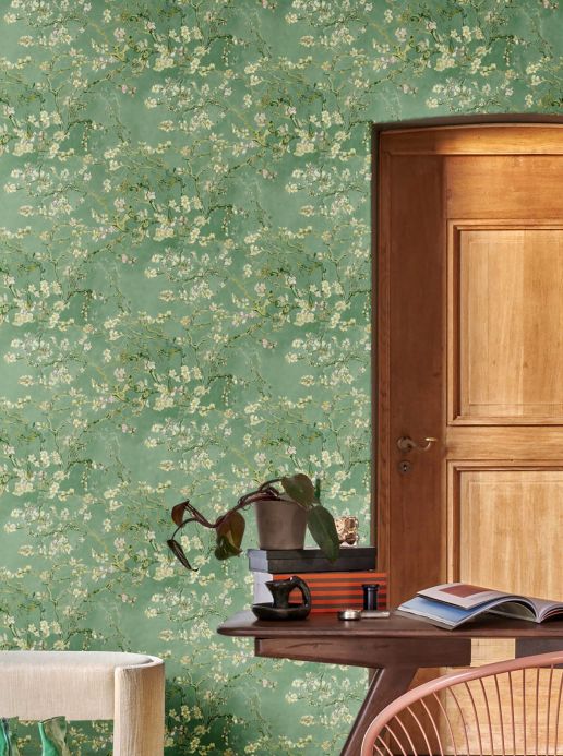 Papel pintado moderno Papel pintado VanGogh Blossom verde reseda Ver habitación