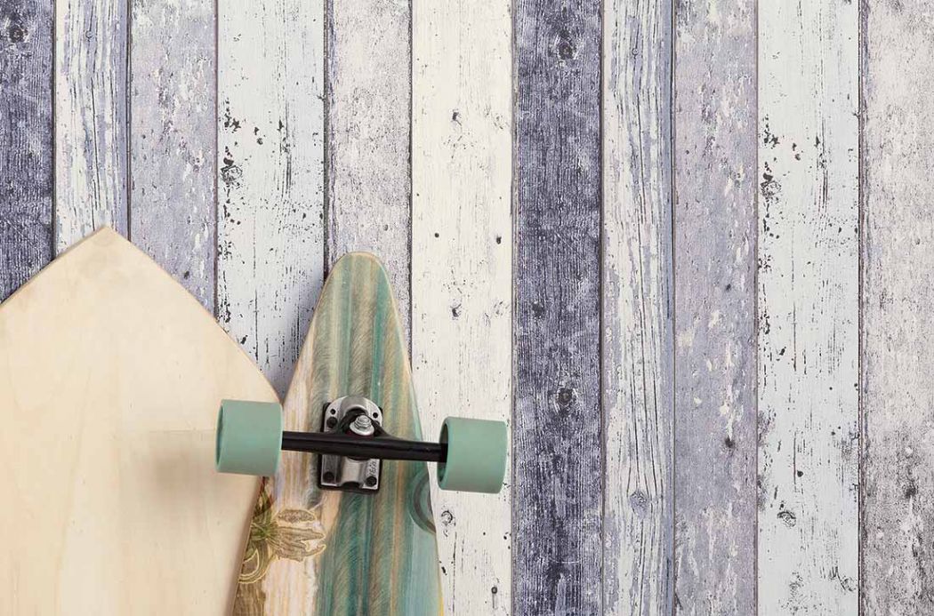Wood effect Wallpaper Wallpaper Old Planks grey blue Room View