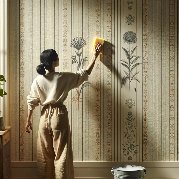 Woman cleaning a patterned washable wallpaper, demonstrating its practicality
