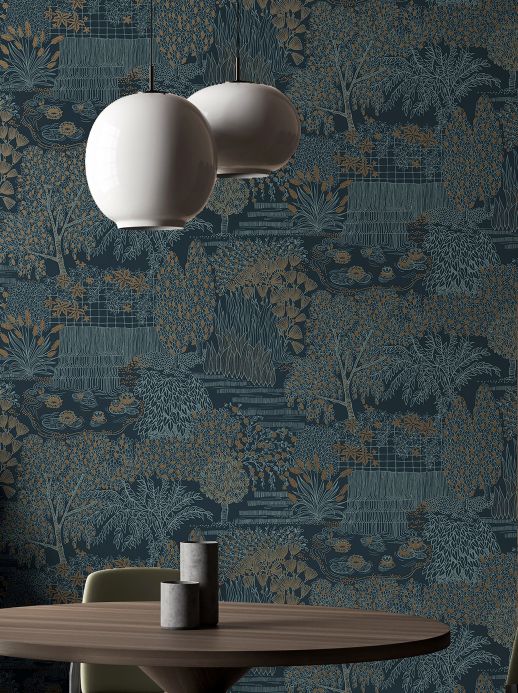 All Wallpaper Mirto turquoise blue grey Room View