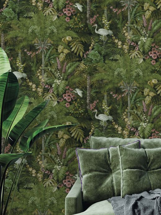 Botanical Wallpaper Wallpaper Melora shades of green Room View