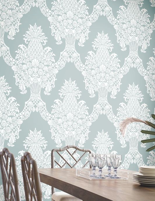 Rooms Wallpaper Pineapple Damask pastel turquoise Room View