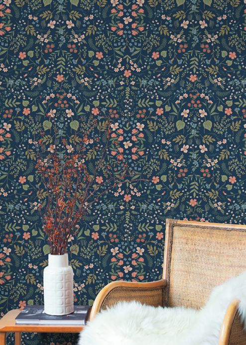 Floral Wallpaper Wallpaper Wildwood steel blue Room View