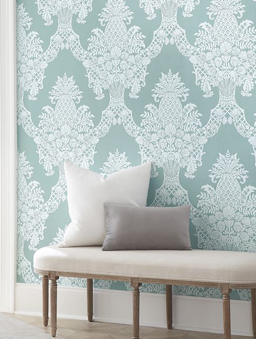 Dining Room Wallpaper Wallpaper Pineapple Damask pastel turquoise Room View