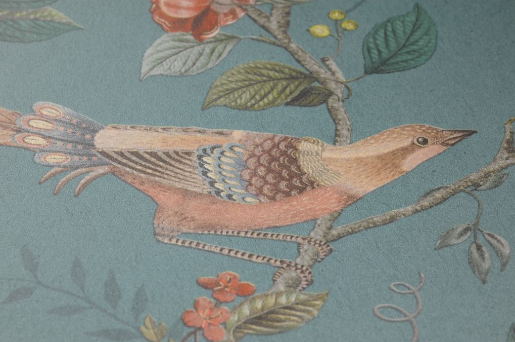 Carta da parati con uccelli Carta da parati Floribunda turchese Visuale dettaglio