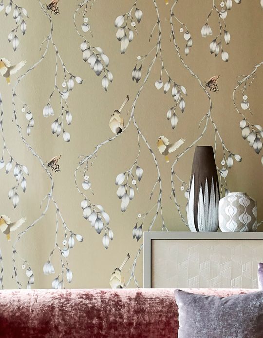 Bird Wallpaper Wallpaper Francine pearl beige Room View