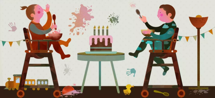 Illustration of two children in high chairs flinging food near a cake, showing the benefit of washable wallpaper