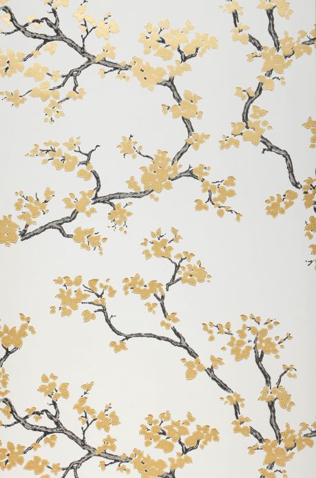 Papel de parede botânico Papel de parede Sakura ouro brilhante Largura do rolo