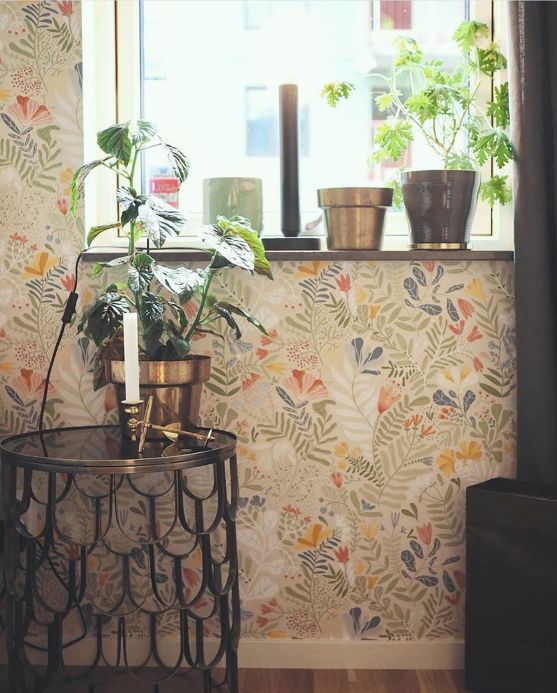 Papel de parede floral Papel de parede Pavonia marfim claro Ver ambiente