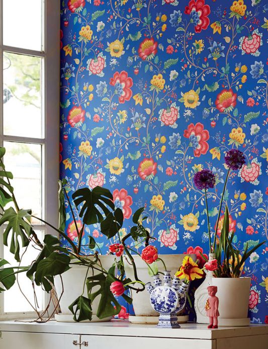 Papel de parede floral Papel de parede Belisama azul genciana Ver quarto