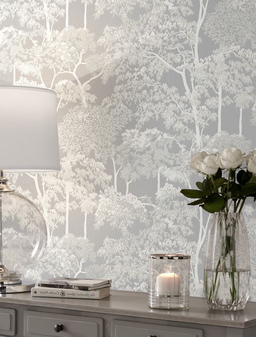 Papel pintado de bosque y árboles Papel pintado Arboleda gris claro Ver habitación