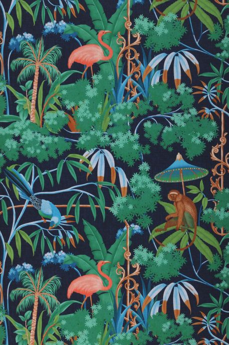 Papel pintado botánico Papel pintado Curious Jungle azul Ancho rollo