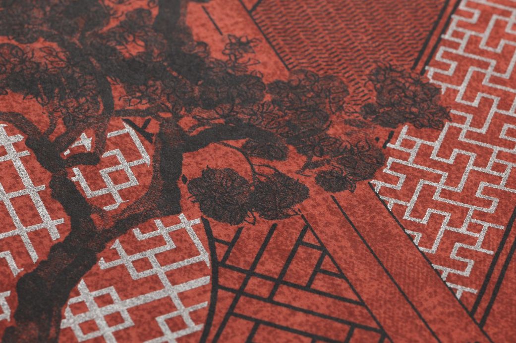 Orientalische Tapeten Tapete Kimono Korallenrot Detailansicht