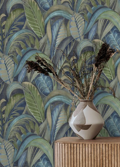 Leaf and Foliage Wallpaper Wallpaper Mendia shades of blue Room View