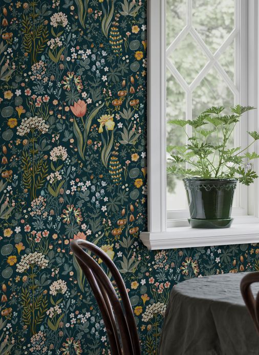 Floral Wallpaper Wallpaper Isabelle ocean blue Room View