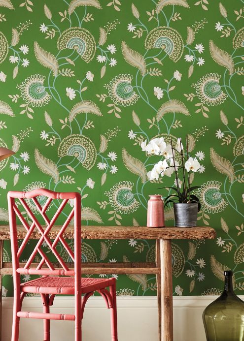 Papel de parede floral Papel de parede Suzanne verde grama Ver ambiente