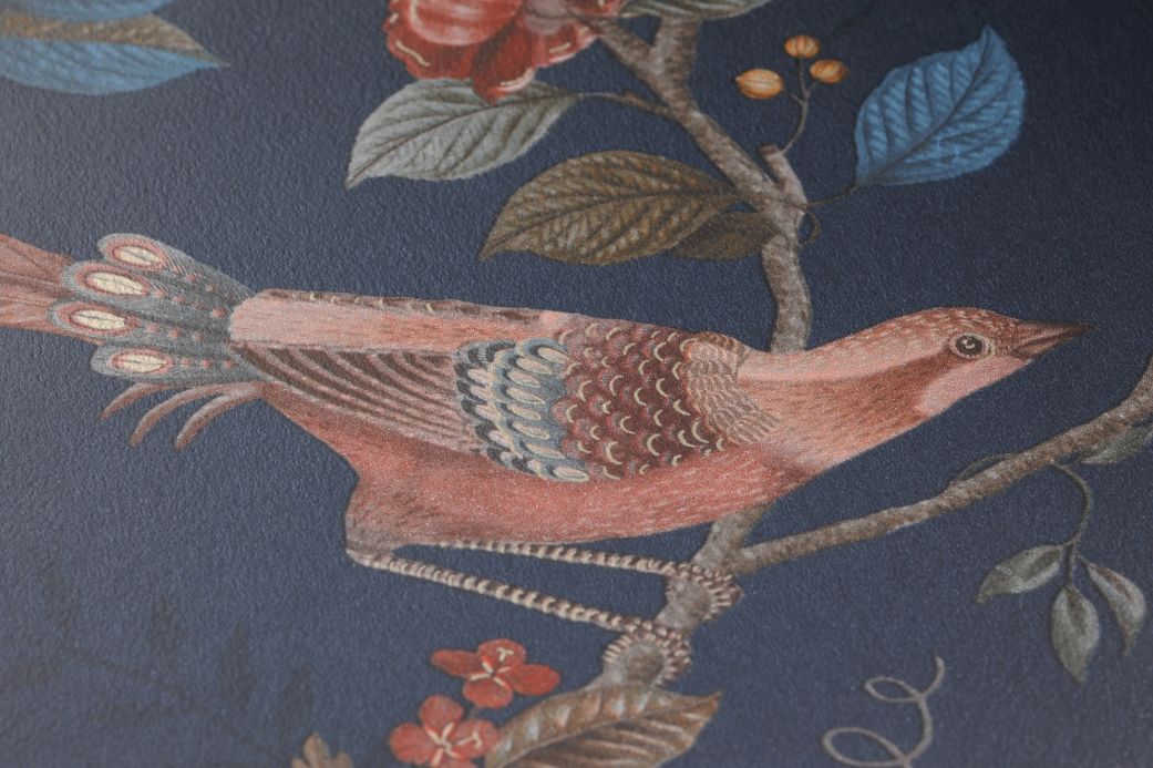 Carta da parati con uccelli Carta da parati Floribunda blu grigiastro Visuale dettaglio