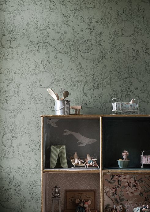 Animal Wallpaper Wallpaper Sumi mint grey Room View