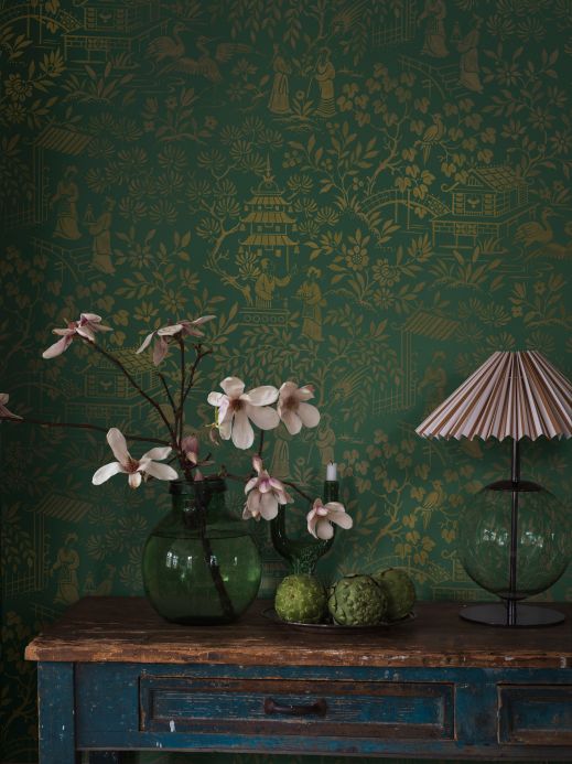 Papel pintado oriental Papel pintado Zen Garden verde pátina Ver habitación