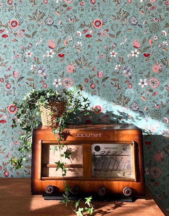 Papel de parede floral Papel de parede Carline turquesa menta claro Ver ambiente