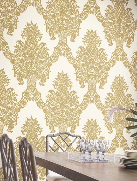 Rooms Wallpaper Pineapple Damask pearl gold Room View