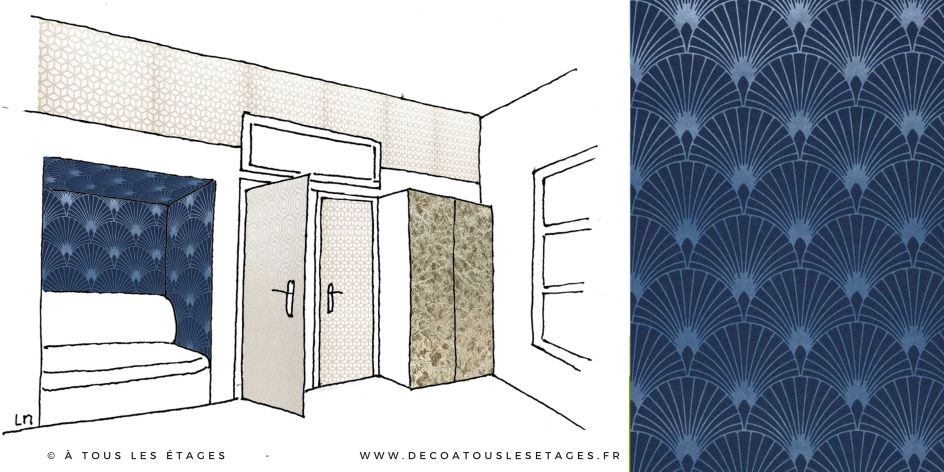 Ilustração de uma sala com diferentes portas, paredes e frentes de móveis forradas com papel de parede