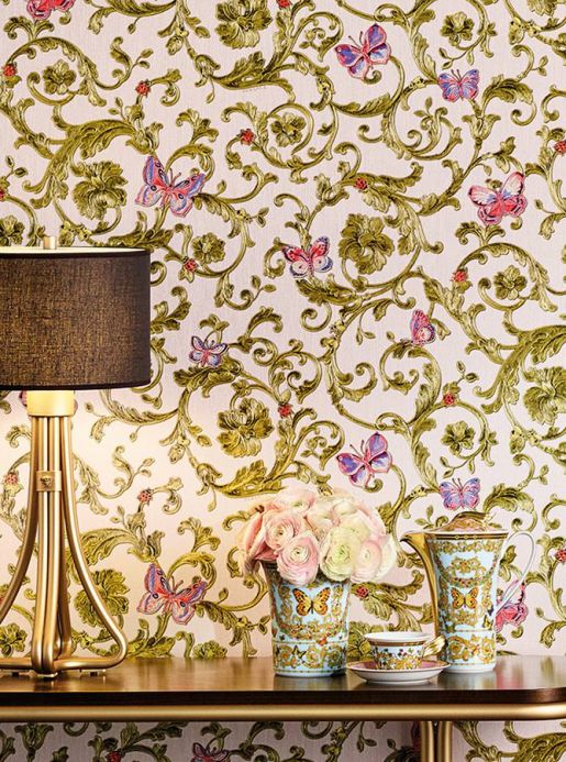 Damask Wallpaper Wallpaper Glory olive-yellow shimmer Room View