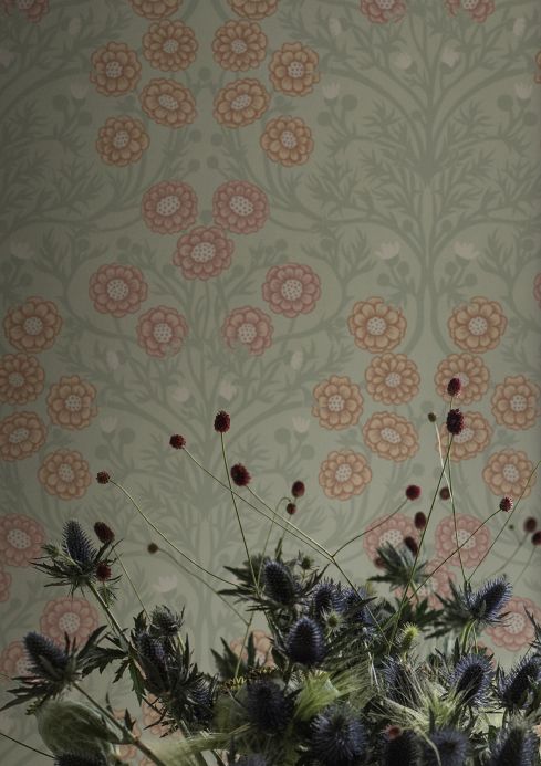 Papel de parede floral Papel de parede Pelage cinza menta claro Ver ambiente