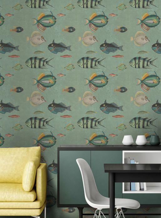 Maritime Wallpaper Wall mural Poissons reed green Room View