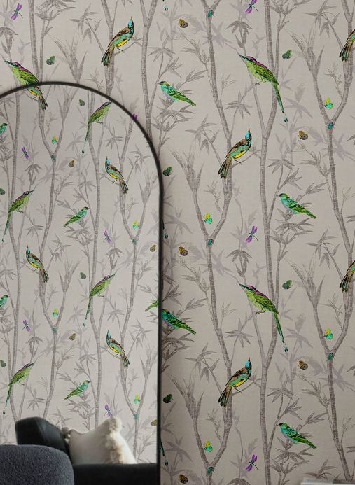 Papel pintado con pájaros Papel pintado Kimiko beige grisáceo claro Ver habitación