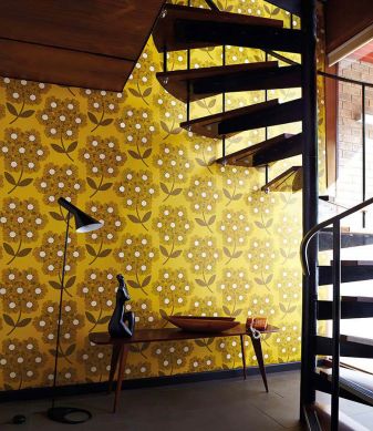 Papel pintado Ostara amarillo arena Ver habitación