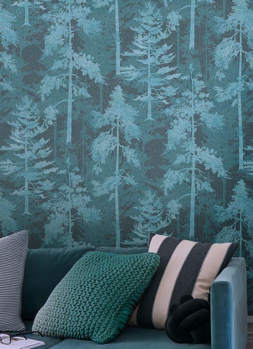 Papel pintado de bosque y árboles Papel pintado Forest Bathing azul verdoso Ver habitación