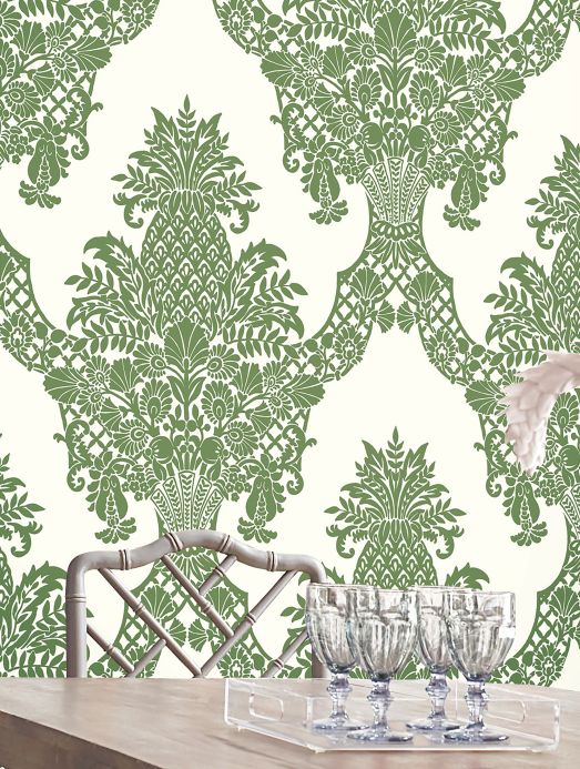 Rooms Wallpaper Pineapple Damask green Room View