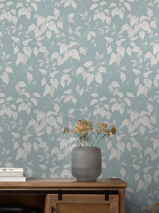 Papel pintado de hojas y follaje Papel pintado Inaya azul turquesa grisáceo Ver habitación